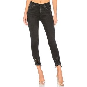 AGOLDE‎ Sophie High Rise Skinny Crop Jeans Black Distressed Raw Hem Size 24